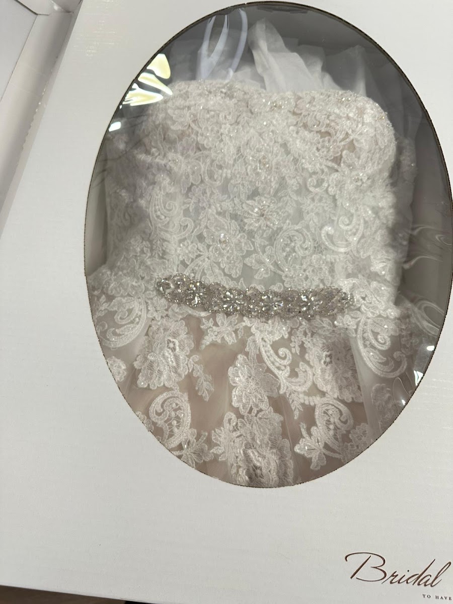 Beaded lace wedding gown boxed in a bridal box